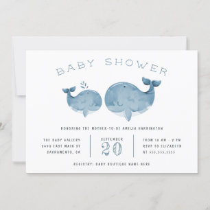 Invitación Cuta acuarela, Baby Shower azul de Whale Boy