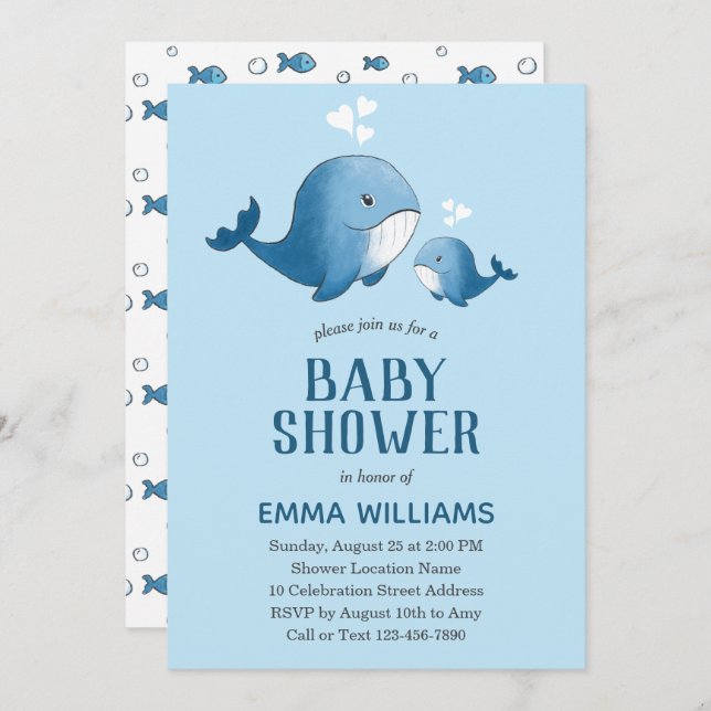Invitación Cuta acuarela ballena azul | Boy Baby Shower (Anverso / Reverso)