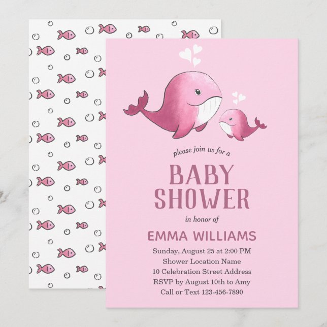 Invitación Cuta acuarela Ballena rosa | CHICA BABY SHOWER (Anverso / Reverso)