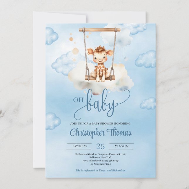 Invitación Cuta acuarela bebé girafa sobre el balancín en cie (Anverso)
