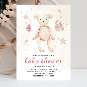 Invitación Cuta acuarela Bebé Juguetes Teddy Bear Rosa