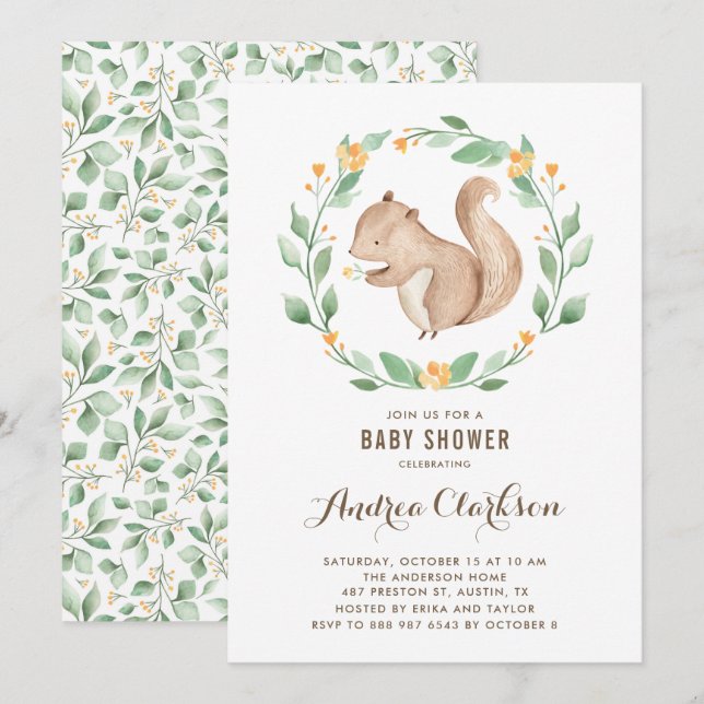 Invitación Cuta acuarela Bebé Squirrel Woodland Baby Shower (Anverso / Reverso)