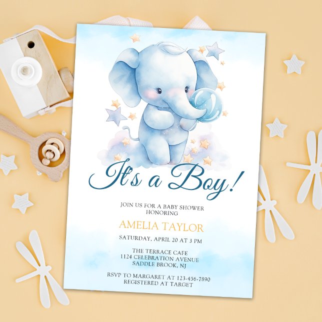 Invitación Cuta acuarela Blue Elephant Boy Baby Shower (Subido por el creador)