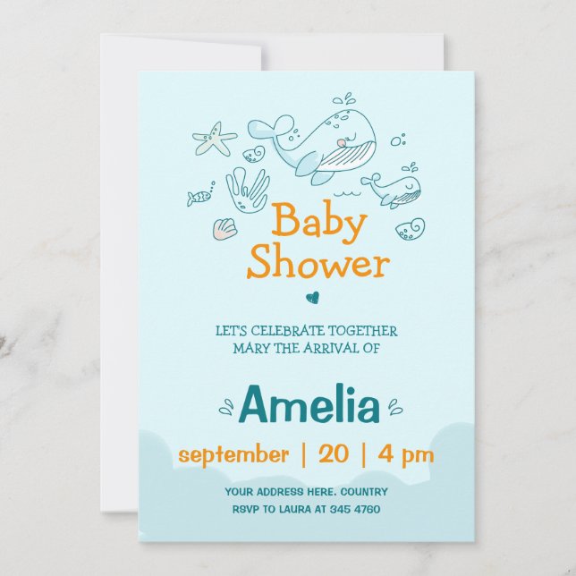 Invitación Cuta acuarela Blue Whale Boy Baby Shower (Anverso)