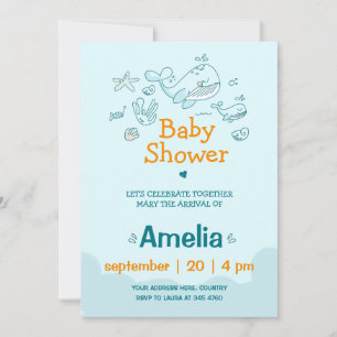 Invitación Cuta acuarela Blue Whale Boy Baby Shower