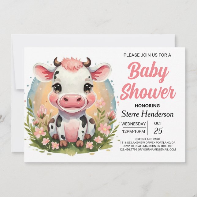 Invitación Cuta acuarela Boho Cow Baby Shower (Anverso)