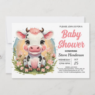 Invitación Cuta acuarela Boho Cow Baby Shower