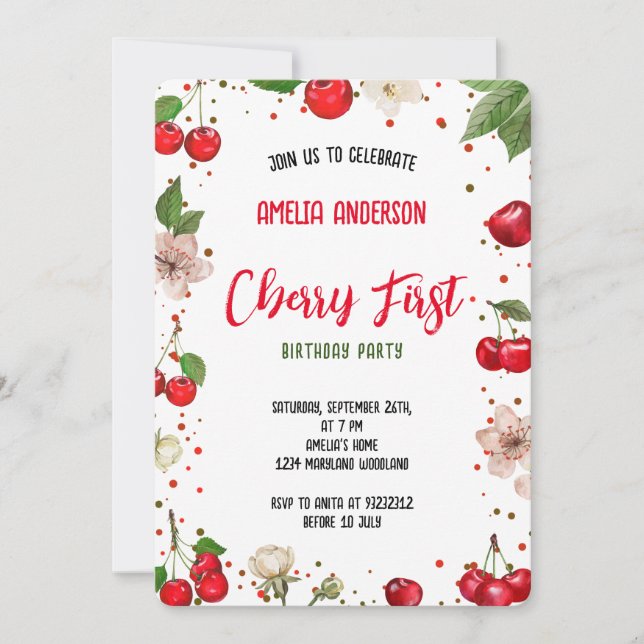 Invitación Cuta acuarela cereza Fiesta de primer cumpleaños (Anverso)