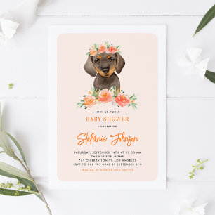 Invitación Cuta acuarela Dachshund Peach Floral Baby Shower