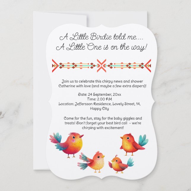 Invitación Cuta acuarela De Baby Shower Con Temas De Aves (Anverso)