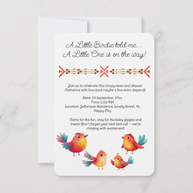 Invitación Cuta acuarela De Baby Shower Con Temas De Aves (Anverso)