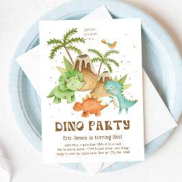 Invitación Cuta acuarela Dino & Volcano Cumpleaños Party Boy