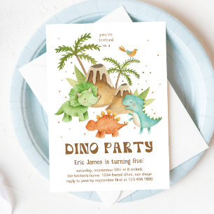 Invitación Cuta acuarela Dino & Volcano Cumpleaños Party Boy
