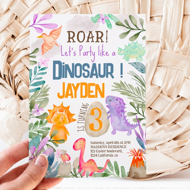 Invitación Cuta acuarela dinosaurios vegetación niños cumplea (Subido por el creador)