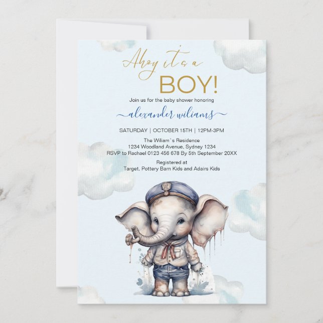 Invitación Cuta acuarela Elefante tema náutico bebé showe (Anverso)
