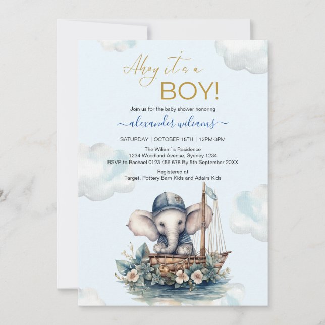 Invitación Cuta acuarela Elefante tema náutico bebé showe (Anverso)