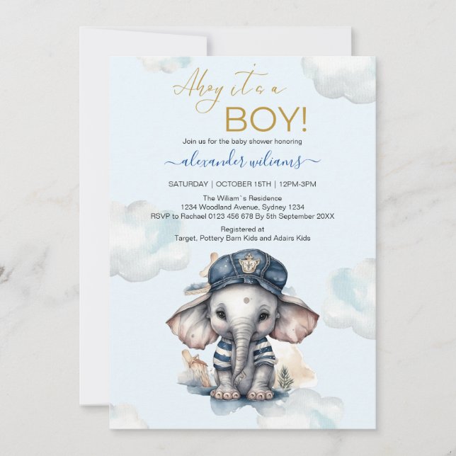 Invitación Cuta acuarela Elefante tema náutico bebé showe (Anverso)