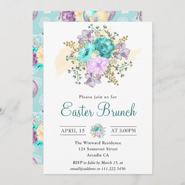Invitación Cuta acuarela Floral Chick en Huevo Brunch de Pasc (Anverso / Reverso)
