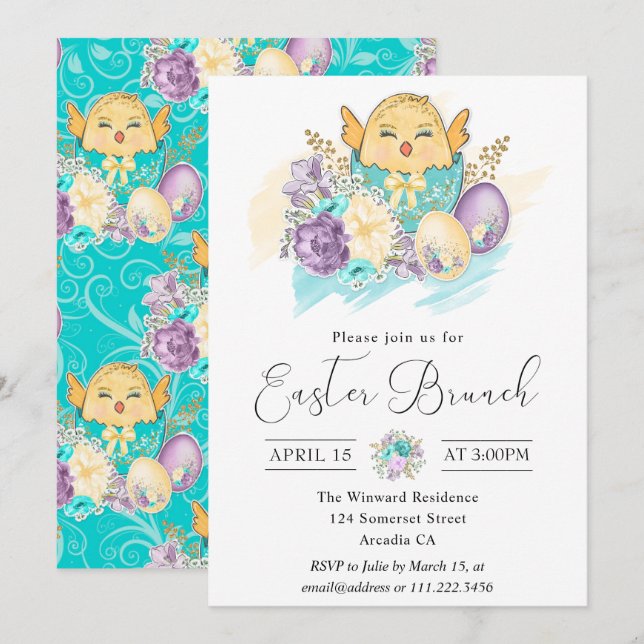 Invitación Cuta acuarela Floral Chick en Huevo Brunch de Pasc (Anverso / Reverso)