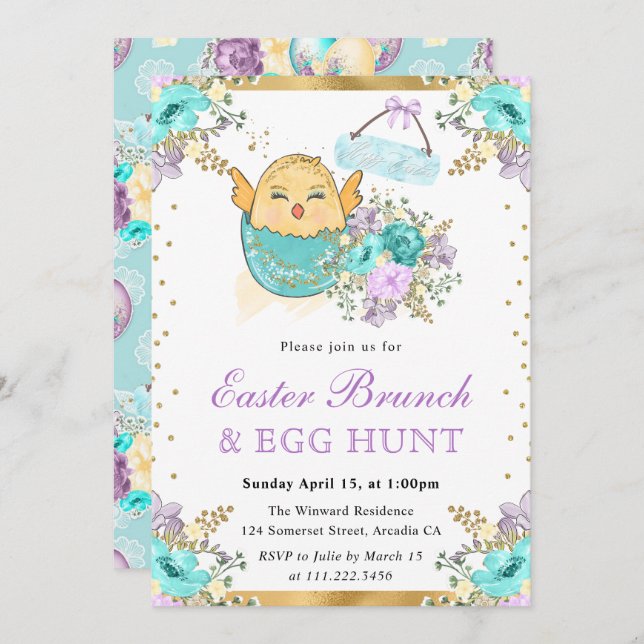 Invitación Cuta acuarela Floral Chick en Huevo Brunch de Pasc (Anverso / Reverso)