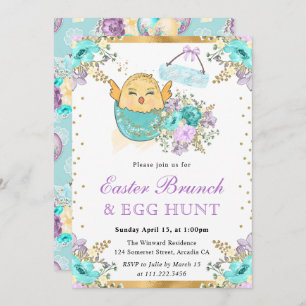 Invitación Cuta acuarela Floral Chick en Huevo Brunch de Pasc