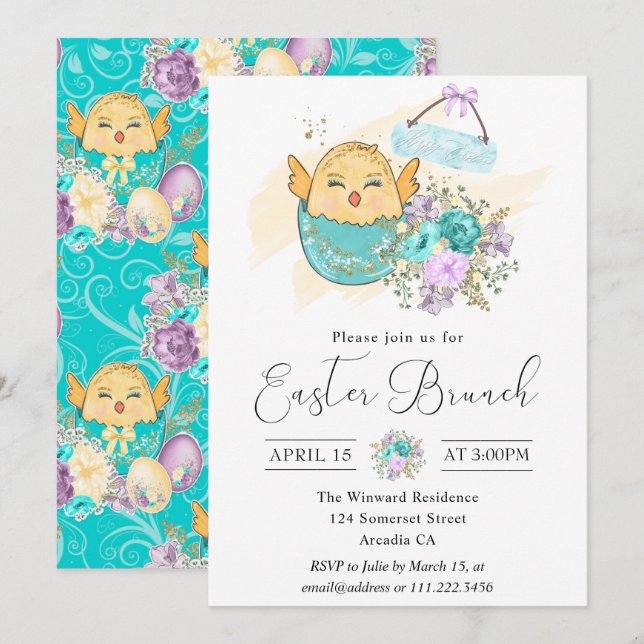 Invitación Cuta acuarela Floral Chick en Huevo Brunch de Pasc (Anverso / Reverso)