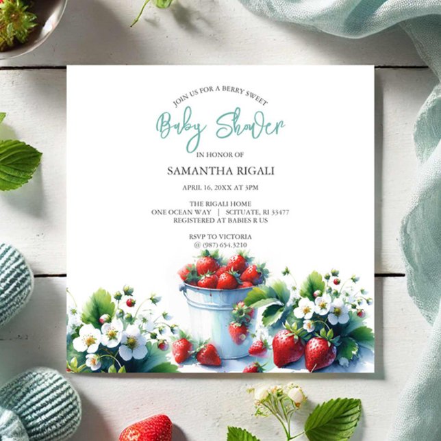 Invitación Cuta acuarela Fresa Baby Shower (Summer baby shower invitations watercolor strawberries boy farmers market theme.)