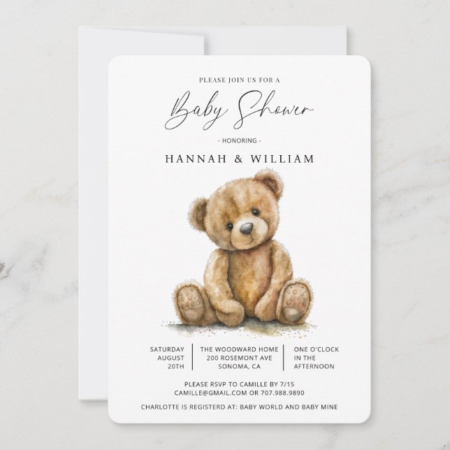 Invitación Cuta acuarela Género del oso pequeño Neutral (Anverso)