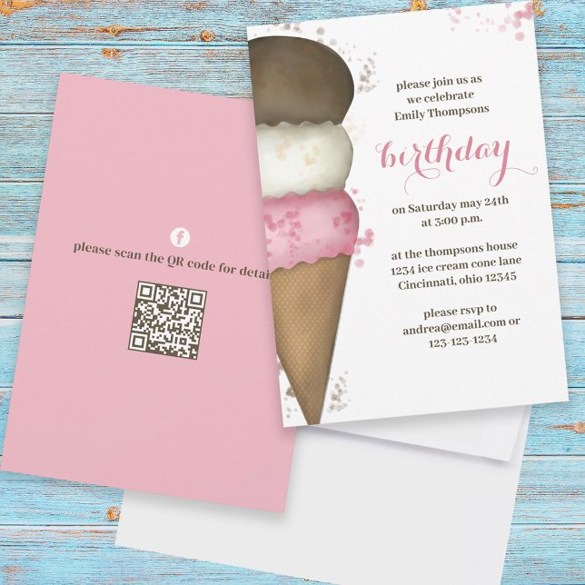 Invitación Cuta acuarela Ice Cream Cone Cumpleaños Código QR (Subido por el creador)