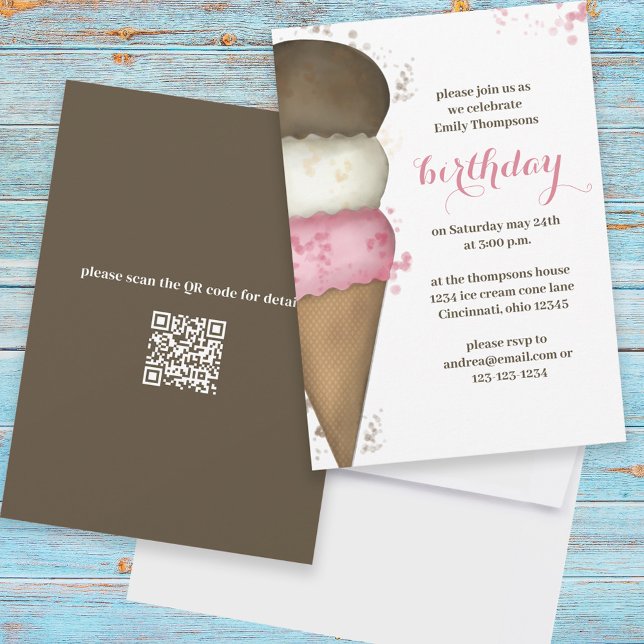 Invitación Cuta acuarela Ice Cream Cone Cumpleaños Código QR (Subido por el creador)