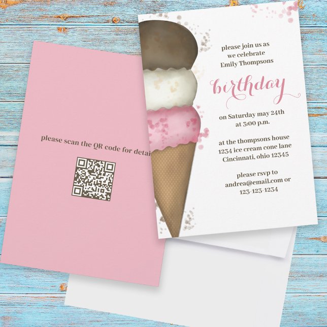 Invitación Cuta acuarela Ice Cream Cone Cumpleaños Código QR (Subido por el creador)