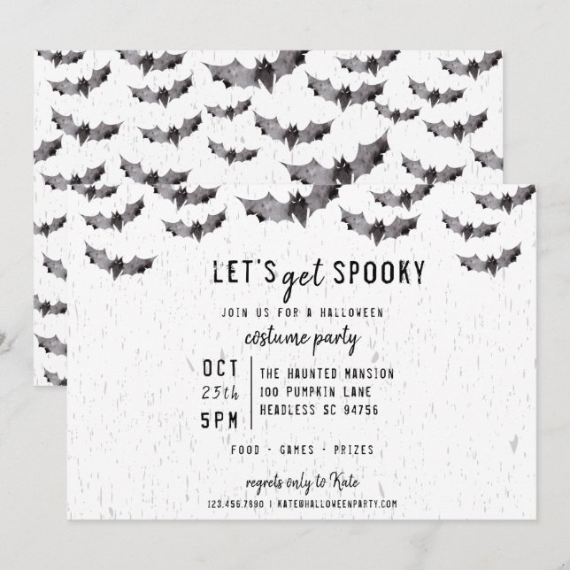 Invitación Cuta acuarela murciélago espantó Halloween (Anverso / Reverso)