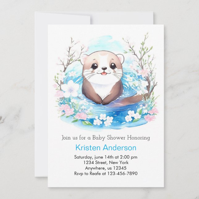 Invitación Cuta acuarela Otter Baby Shower (Anverso)