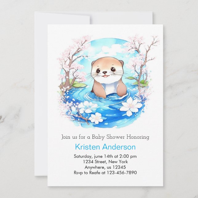 Invitación Cuta acuarela Otter Baby Shower (Anverso)