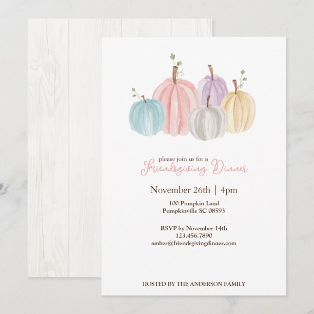 Invitación Cuta acuarela Pámpeles Pastel Día de Acción de Gra (Anverso / Reverso)
