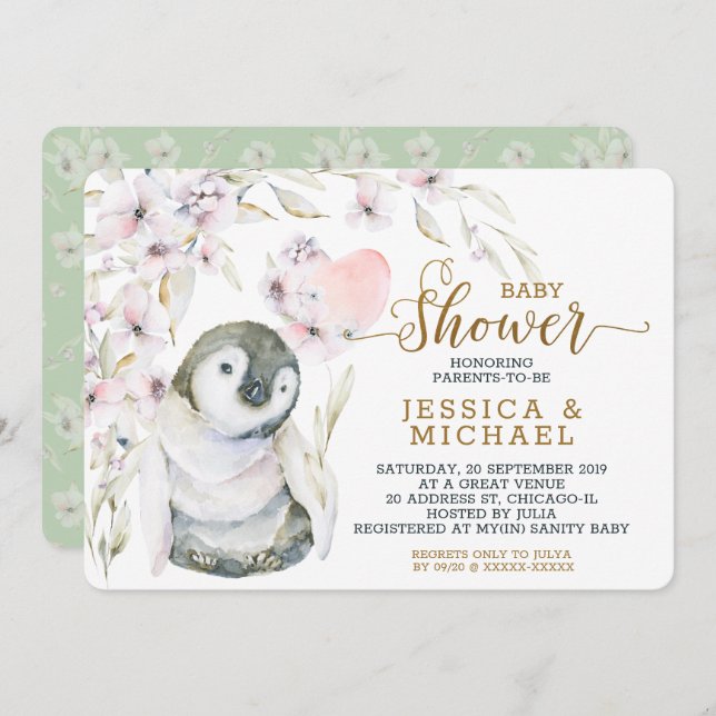 Invitación Cuta acuarela Pingüino Género Baby Shower Neutral (Anverso / Reverso)