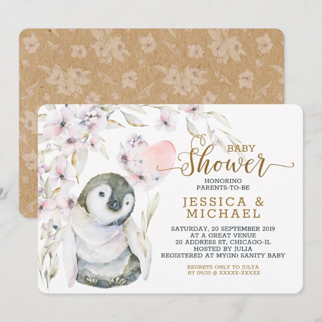 Invitación Cuta acuarela Pingüino Género Baby Shower Neutral (Anverso / Reverso)