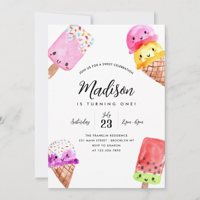 Invitación Cuta acuarela Popsicle Cone Ice Cream Cumpleaños (Anverso)