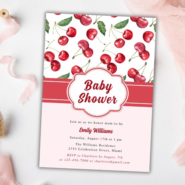 Invitación Cuta acuarela Red Cherry Baby Shower (Subido por el creador)