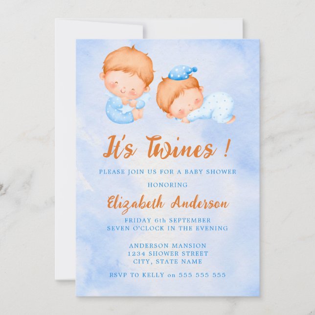 Invitación Cuta acuarela son gemelos azules Baby Shower (Anverso)