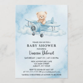Invitación Cuta acuarela Teddy Bear Airplane Baby Shower