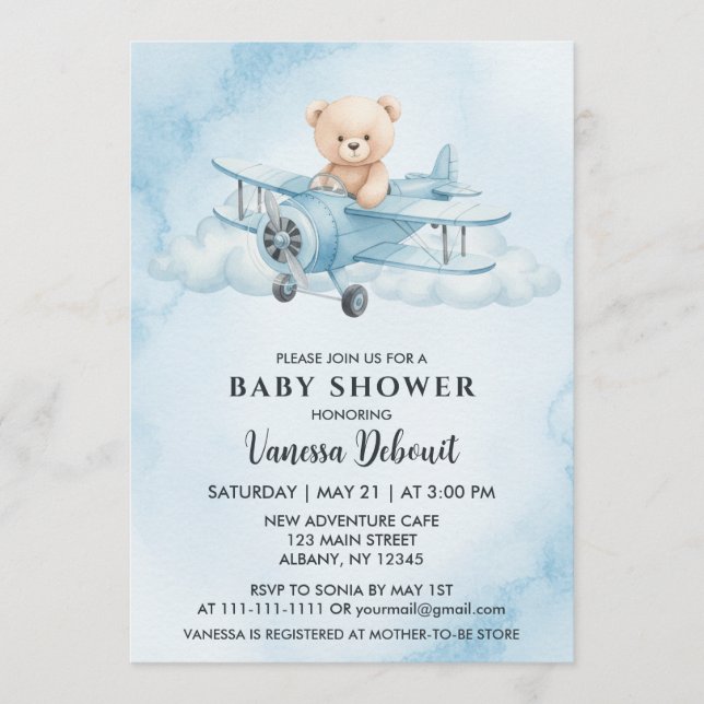 Invitación Cuta acuarela Teddy Bear Airplane Baby Shower (Anverso)