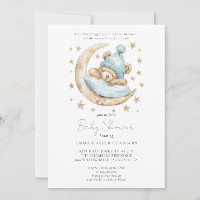 Invitación Cuta acuarela Teddy Bear Azul Baby Shower (Anverso)