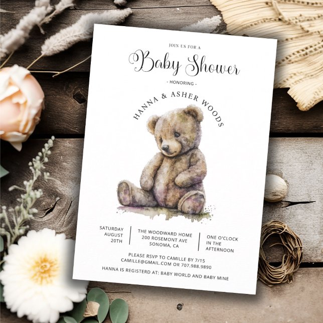 Invitación Cuta acuarela Teddy Bear Baby Shower (Subido por el creador)