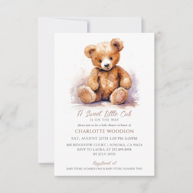 Invitación Cuta acuarela Teddy Bear Baby Shower (Anverso)