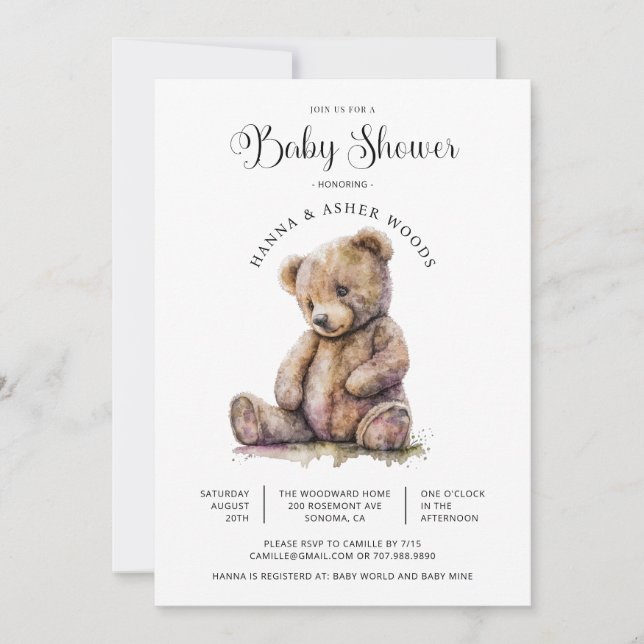 Invitación Cuta acuarela Teddy Bear Baby Shower (Anverso)