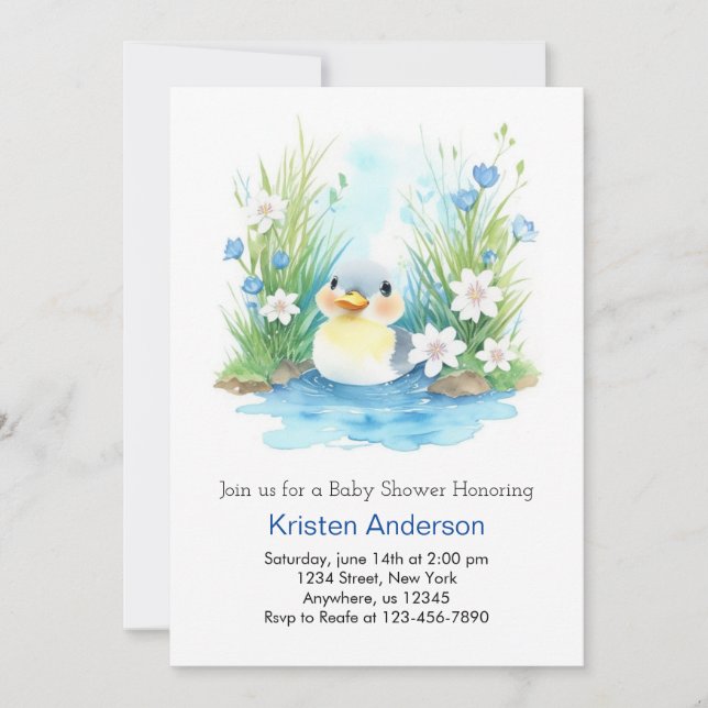 Invitación Cuta acuarela Wildflower Duck Boy Baby Shower (Anverso)