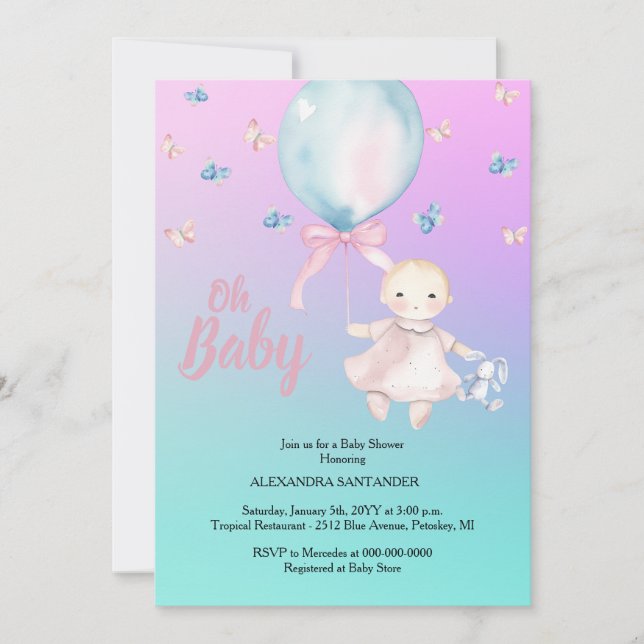 Invitación Cuta acuarela y morado Baby Shower (Anverso)