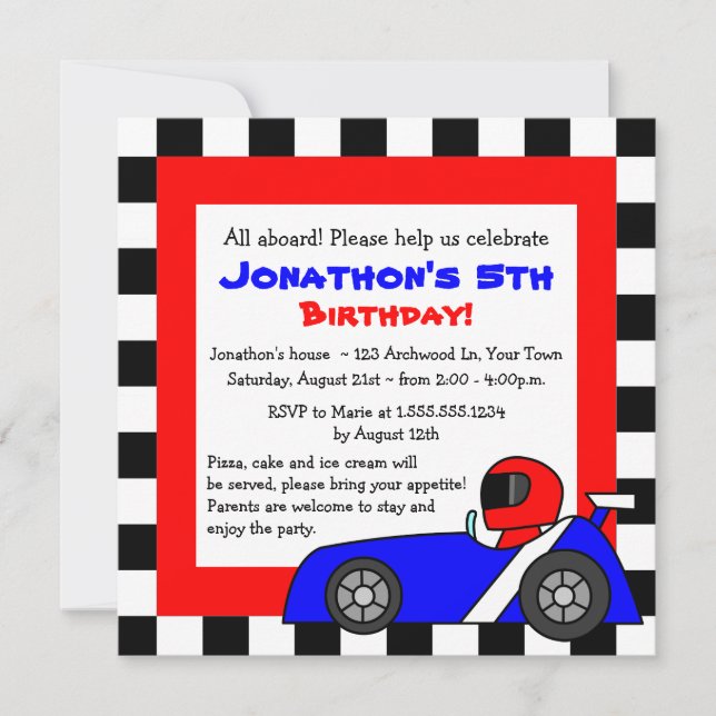 Invitación Cuta Carreras Niños con temática de cumpleaños (Anverso)