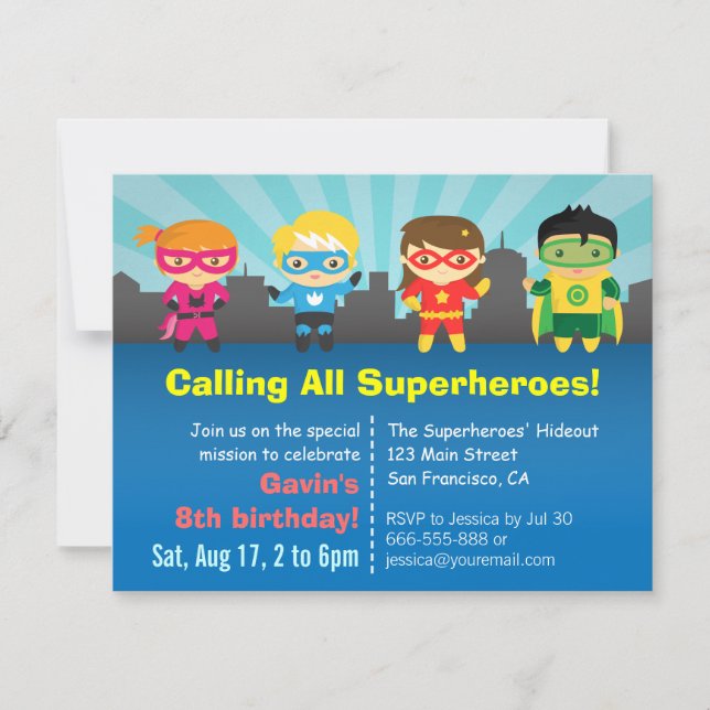 Invitación Cuta colorida fiesta de cumpleaños de superhéroes (Anverso)